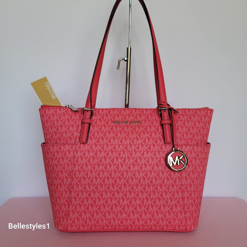 MICHAEL KORS Jet Set East West Top-Zip Signature Logo Tote Bag- Geranium color⭐ - Picture 2 of 16
